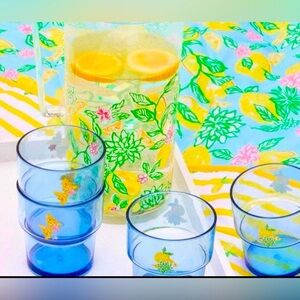 Lilly Pulitzer Blue and Yellow Floral Pitcher & Drinkware Set